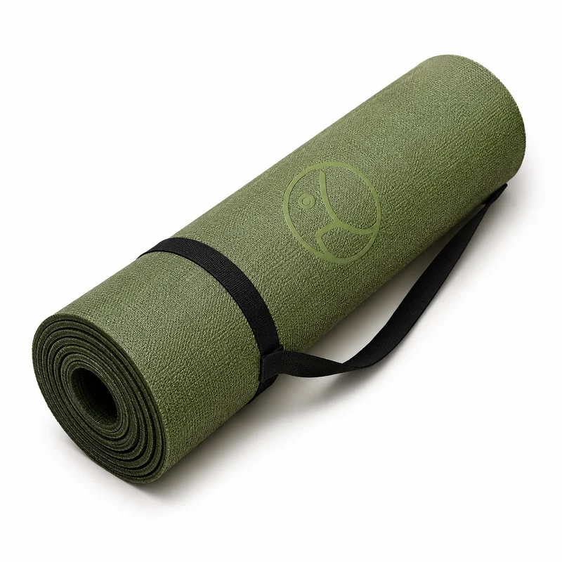 Green yoga mat with carry strap